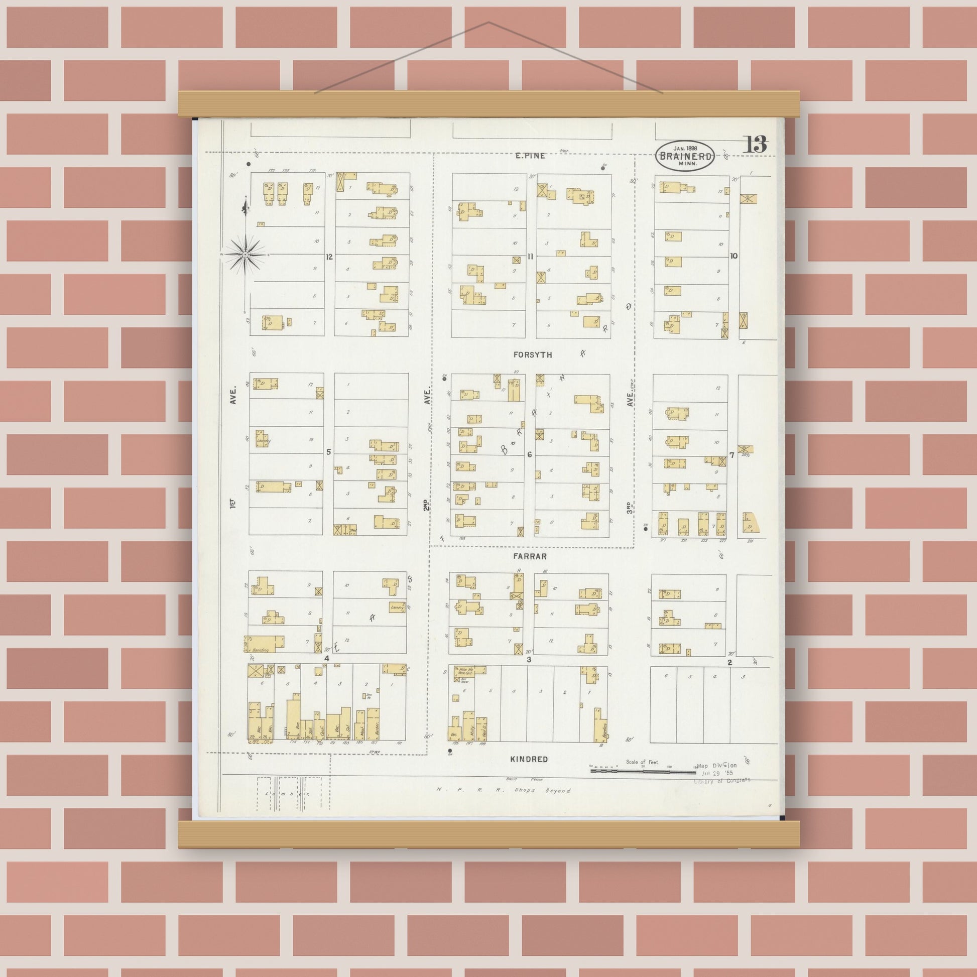 Old map wall art mockup — magnetic wood frame on brick wall — Sanborn Fire Insurance Map from Brainerd, Crow Wing County, Minnesota (1898), Sheet #0013
