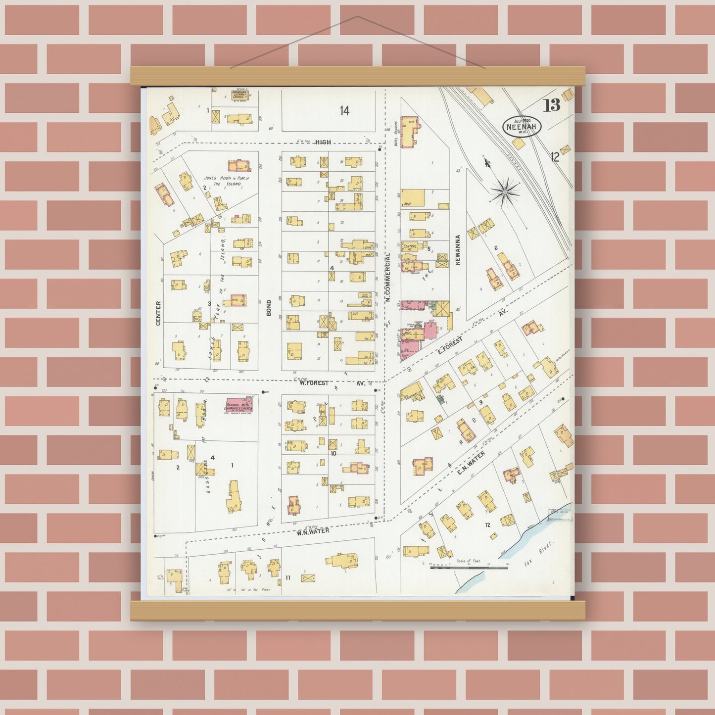 Old map wall art mockup — magnetic wood frame on brick wall — Sanborn Fire Insurance Map from Neenah, Winnebago County, Wisconsin (1900), Sheet #0013