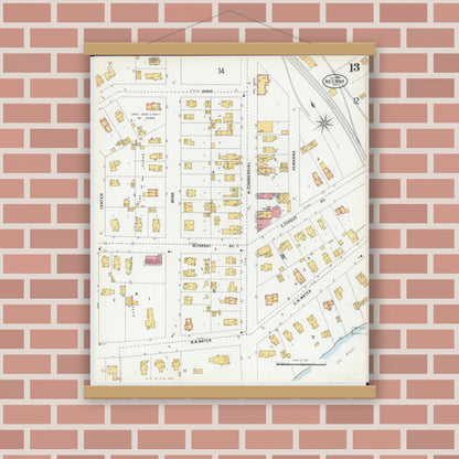 Old map wall art mockup — magnetic wood frame on brick wall — Sanborn Fire Insurance Map from Neenah, Winnebago County, Wisconsin (1900), Sheet #0013