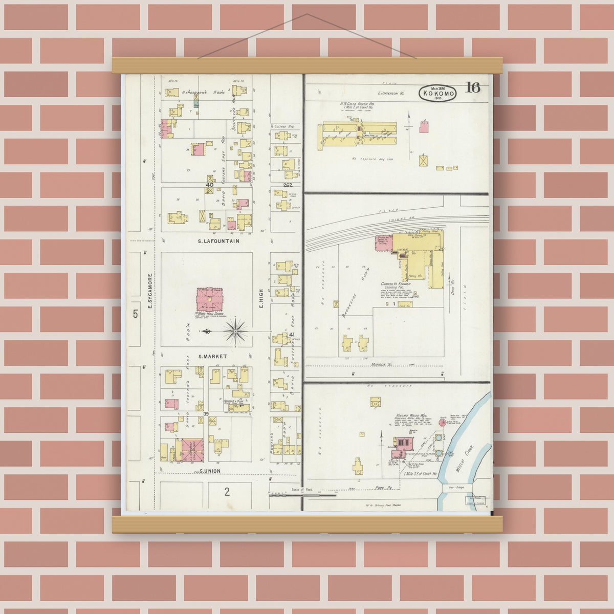 Old map wall art mockup — magnetic wood frame on brick wall — Sanborn Fire Insurance Map from Kokomo, Howard County, Indiana (1896), Sheet #0016