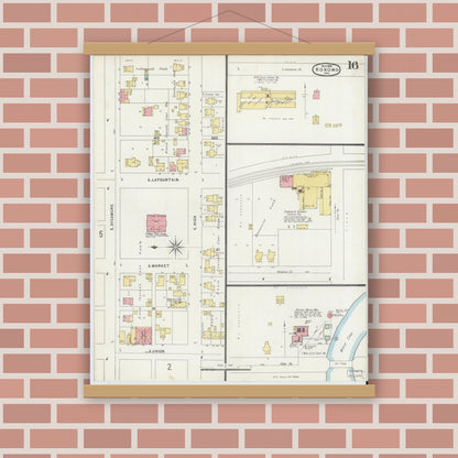 Old map wall art mockup — magnetic wood frame on brick wall — Sanborn Fire Insurance Map from Kokomo, Howard County, Indiana (1896), Sheet #0016