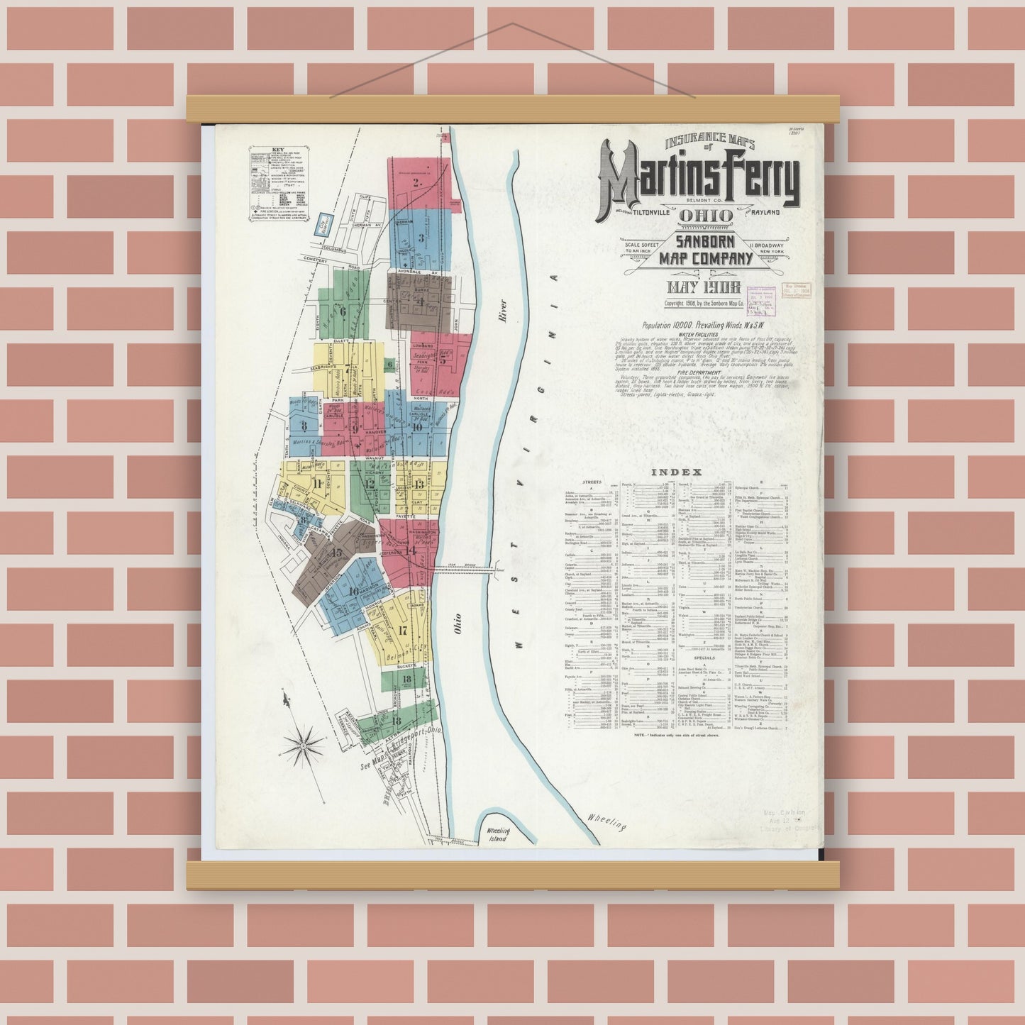 Old map wall art mockup — magnetic wood frame on brick wall — Sanborn Fire Insurance Map from Martins Ferry, Belmont County, Ohio (1908) - Complete Map Set