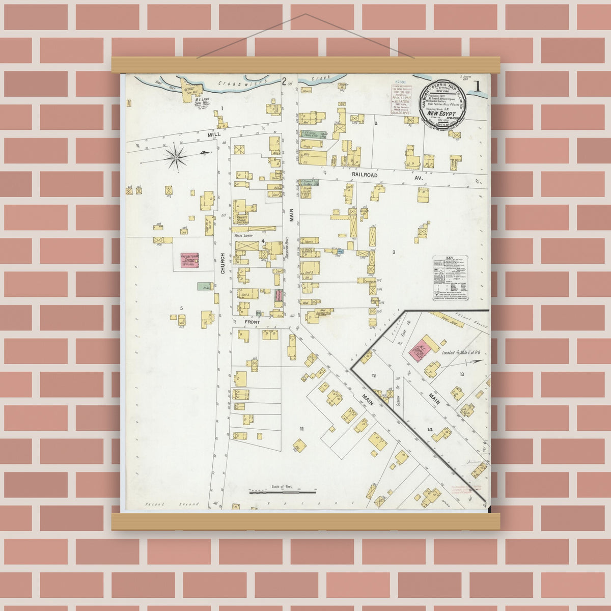 Old map wall art mockup — magnetic wood frame on brick wall — Sanborn Fire Insurance Map from New Egypt, Ocean County, New Jersey (1900), Sheet #0001