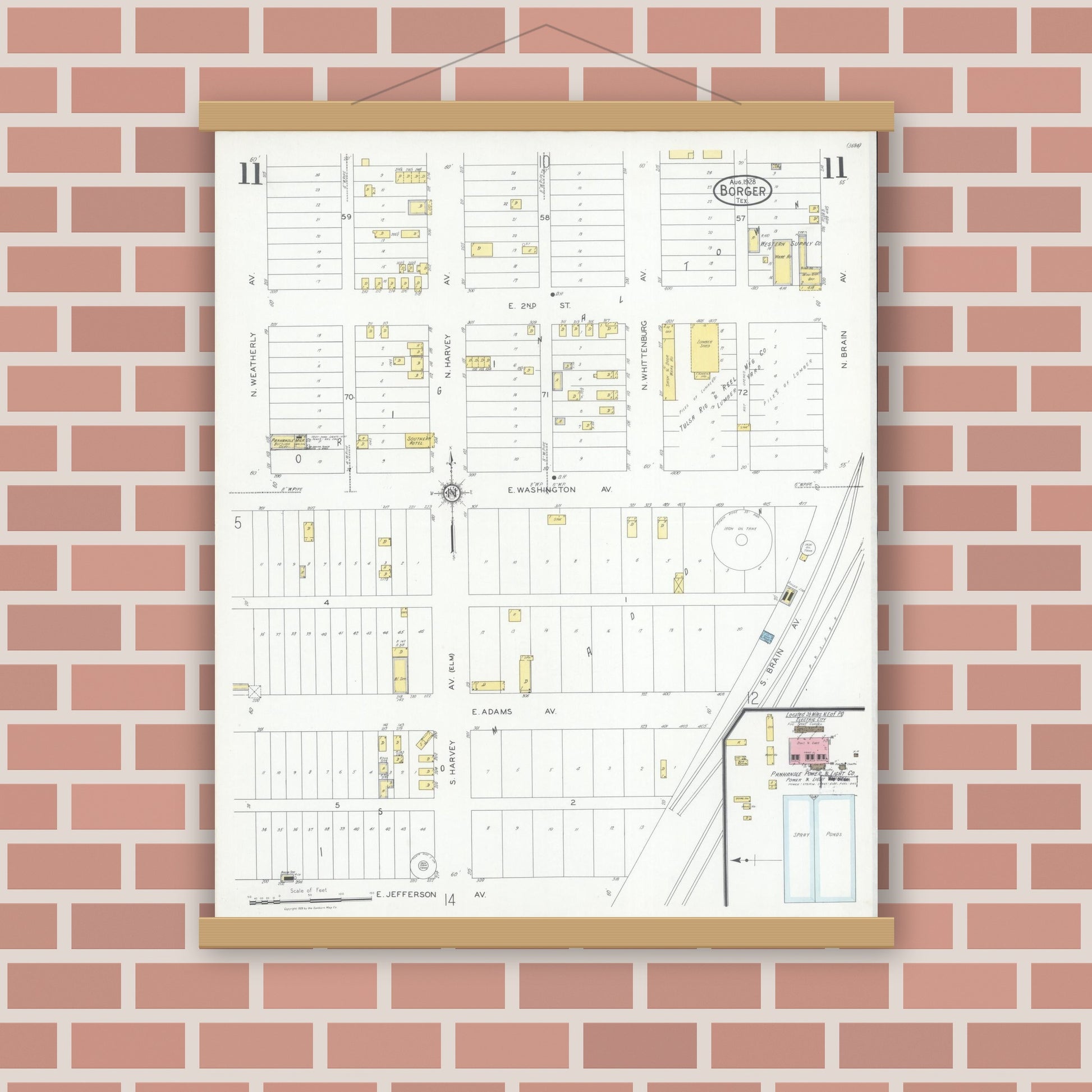 Old map wall art mockup — magnetic wood frame on brick wall — Sanborn Fire Insurance Map from Borger, Hutchinson County, Texas (1928), Sheet #0011