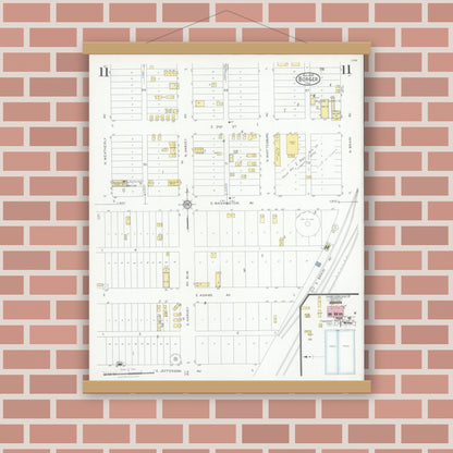Old map wall art mockup — magnetic wood frame on brick wall — Sanborn Fire Insurance Map from Borger, Hutchinson County, Texas (1928), Sheet #0011