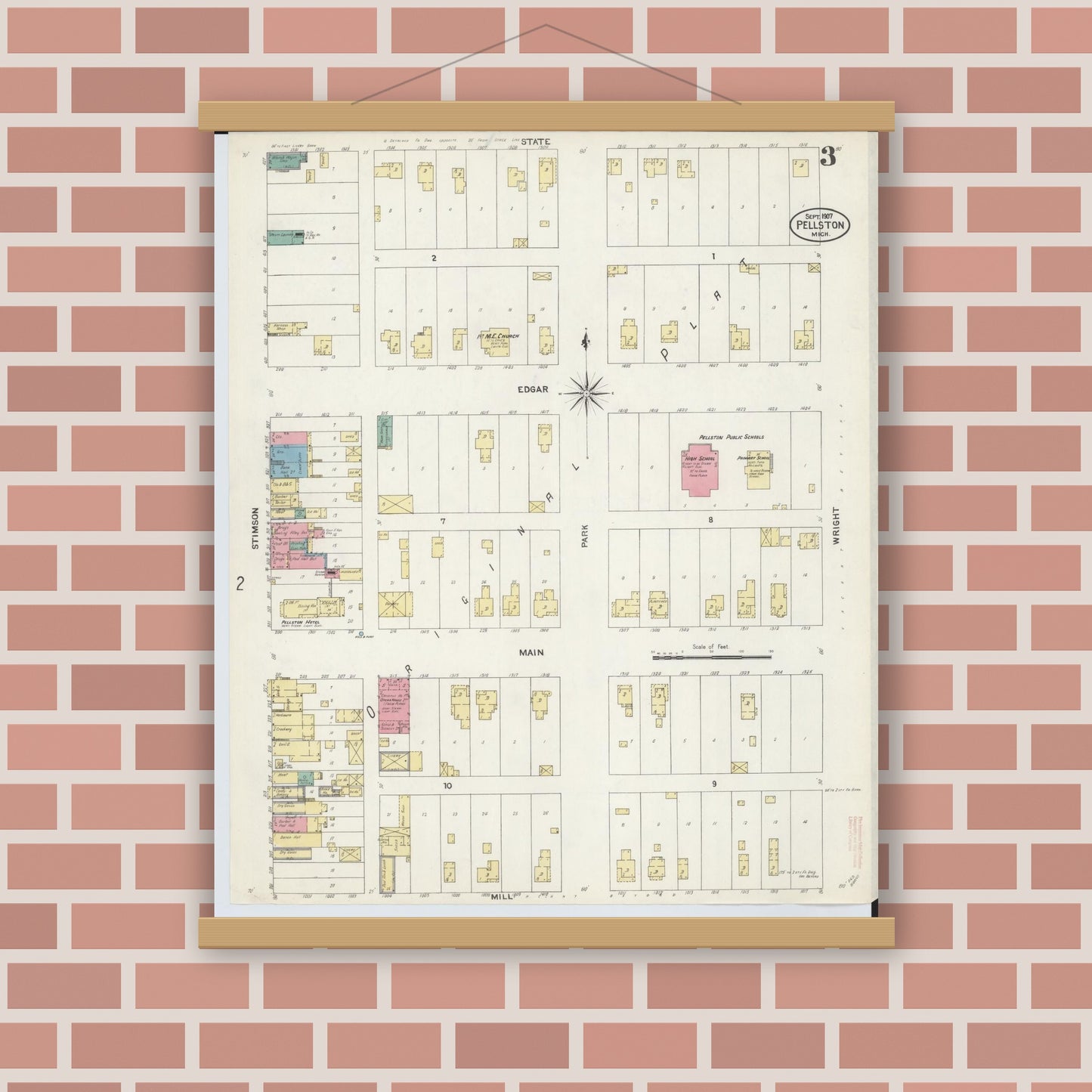 Old map wall art mockup — magnetic wood frame on brick wall — Sanborn Fire Insurance Map from Pellston, Emmet County, Michigan (1907), Sheet #0003