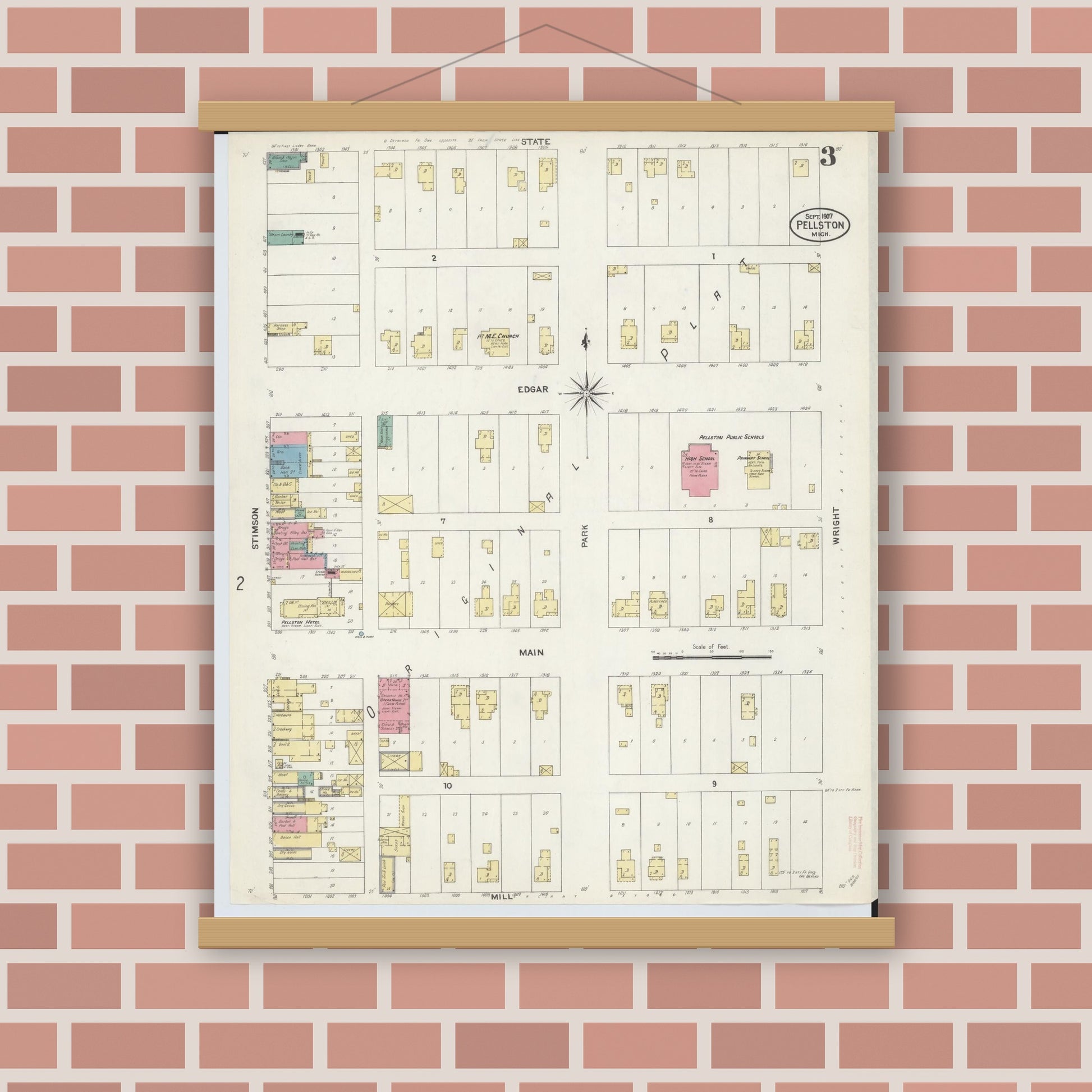 Old map wall art mockup — magnetic wood frame on brick wall — Sanborn Fire Insurance Map from Pellston, Emmet County, Michigan (1907), Sheet #0003