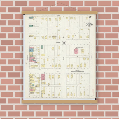 Old map wall art mockup — magnetic wood frame on brick wall — Sanborn Fire Insurance Map from Pellston, Emmet County, Michigan (1907), Sheet #0003