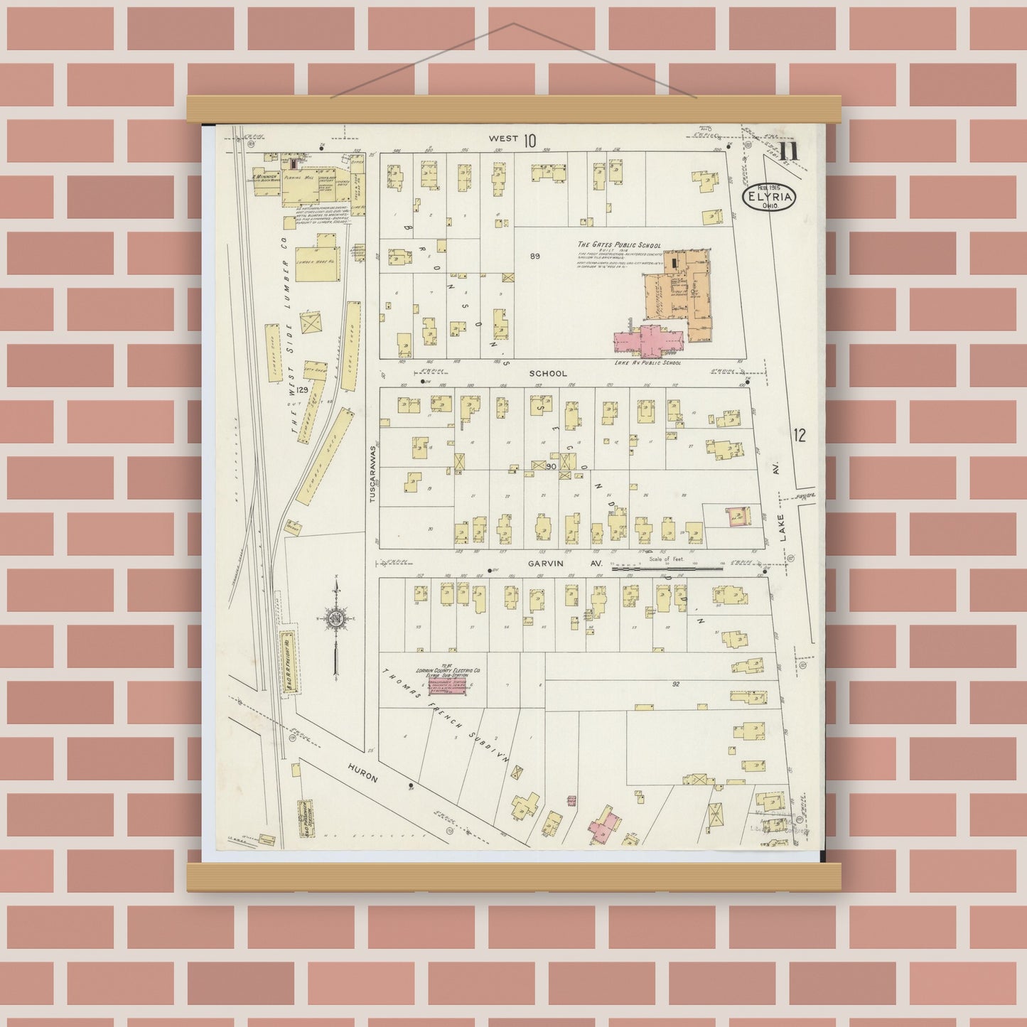 Old map wall art mockup — magnetic wood frame on brick wall — Sanborn Fire Insurance Map from Elyria, Lorain County, Ohio (1915), Sheet #0011