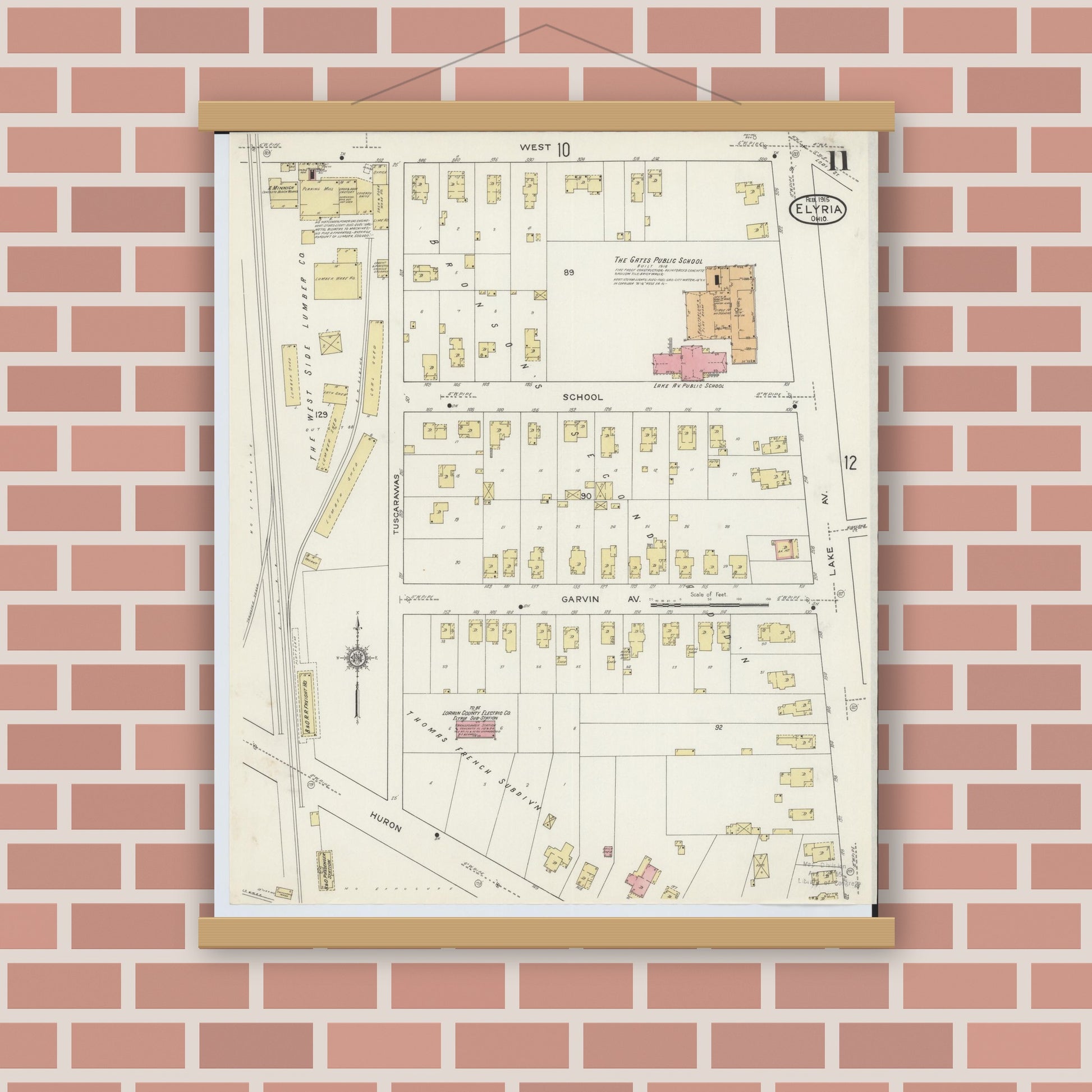 Old map wall art mockup — magnetic wood frame on brick wall — Sanborn Fire Insurance Map from Elyria, Lorain County, Ohio (1915), Sheet #0011
