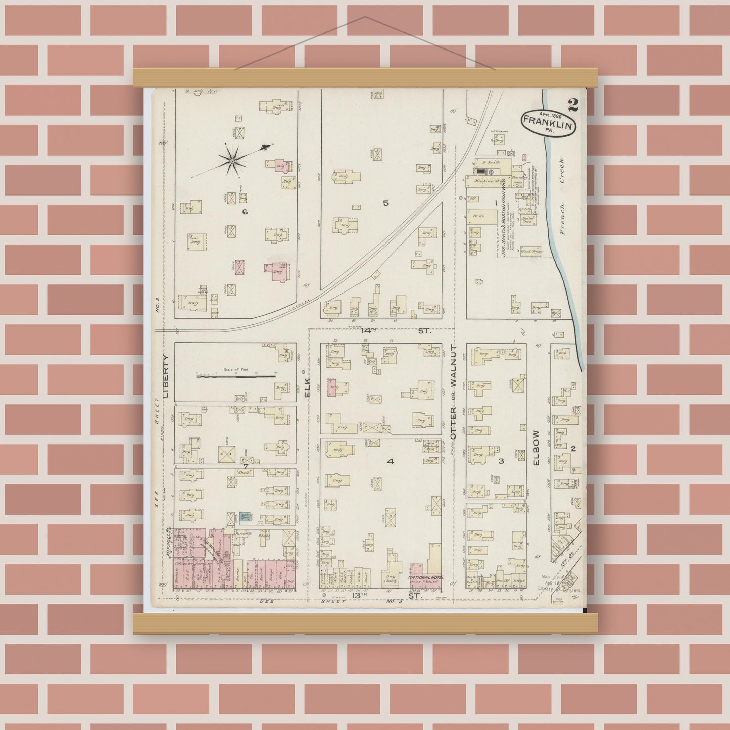Old map wall art mockup — magnetic wood frame on brick wall — Sanborn Fire Insurance Map from Franklin, Venango County, Pennsylvania (1888), Sheet #0002