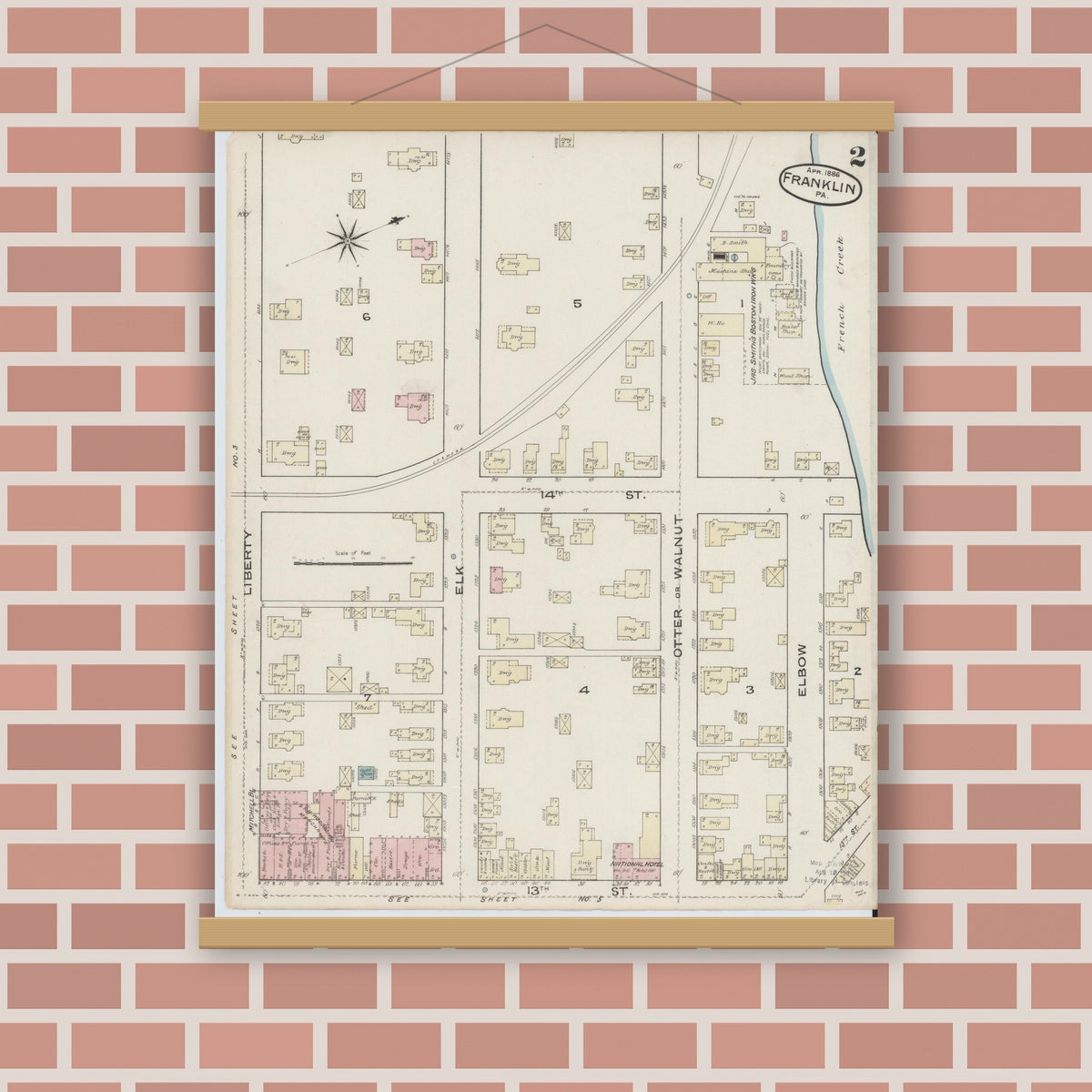 Old map wall art mockup — magnetic wood frame on brick wall — Sanborn Fire Insurance Map from Franklin, Venango County, Pennsylvania (1888), Sheet #0002