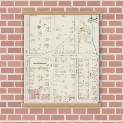 Old map wall art mockup — magnetic wood frame on brick wall — Sanborn Fire Insurance Map from Franklin, Venango County, Pennsylvania (1888), Sheet #0002