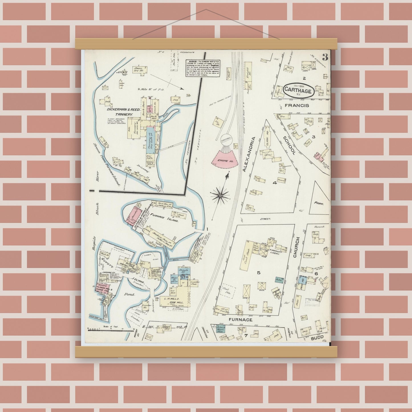 Old map wall art mockup — magnetic wood frame on brick wall — Sanborn Fire Insurance Map from Carthage, Jefferson County, New York (1884), Sheet #0003