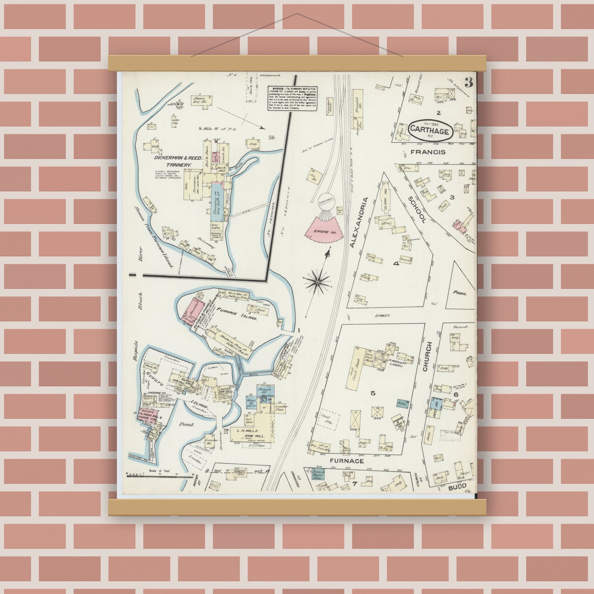 Old map wall art mockup — magnetic wood frame on brick wall — Sanborn Fire Insurance Map from Carthage, Jefferson County, New York (1884), Sheet #0003