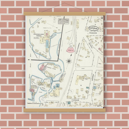 Old map wall art mockup — magnetic wood frame on brick wall — Sanborn Fire Insurance Map from Carthage, Jefferson County, New York (1884), Sheet #0003