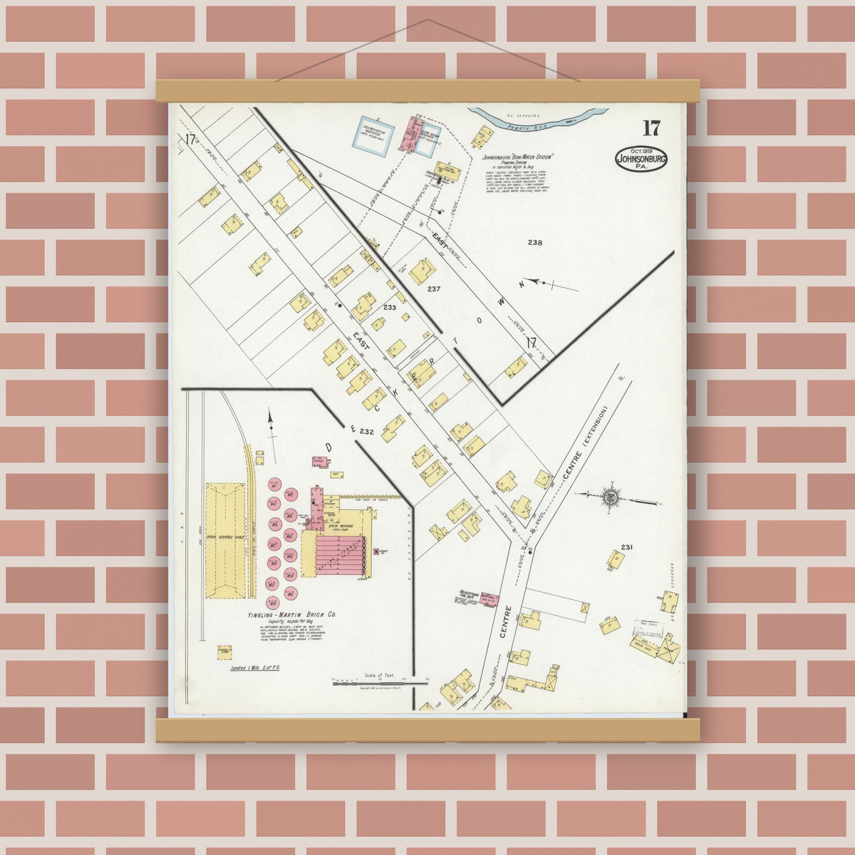 Old map wall art mockup — magnetic wood frame on brick wall — Sanborn Fire Insurance Map from Johnsonburg, Elk County, Pennsylvania (1919), Sheet #0017