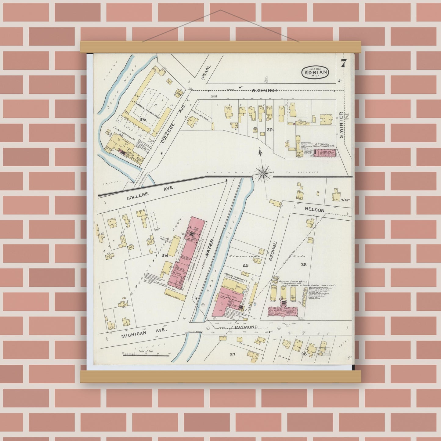 Old map wall art mockup — magnetic wood frame on brick wall — Sanborn Fire Insurance Map from Adrian, Lenawee County, Michigan (1893), Sheet #0007