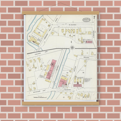 Old map wall art mockup — magnetic wood frame on brick wall — Sanborn Fire Insurance Map from Adrian, Lenawee County, Michigan (1893), Sheet #0007