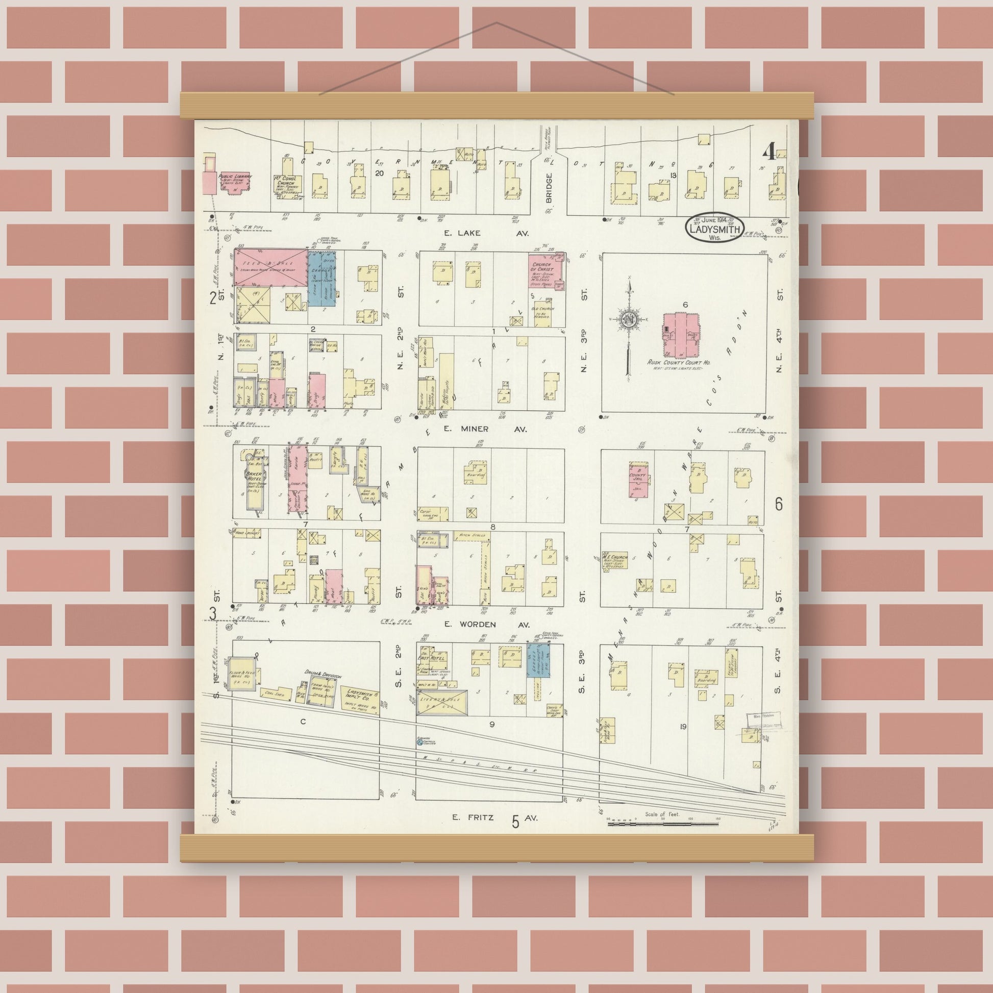 Old map wall art mockup — magnetic wood frame on brick wall — Sanborn Fire Insurance Map from Ladysmith, Rusk County, Wisconsin (1914), Sheet #0004
