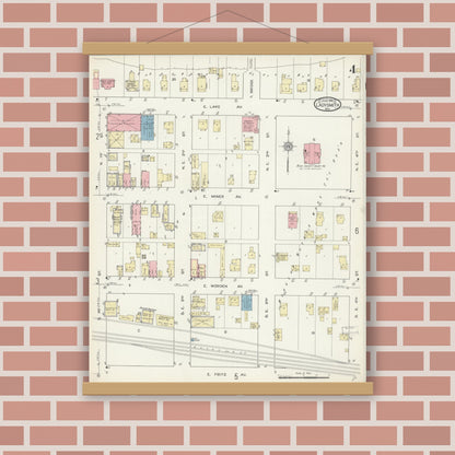 Old map wall art mockup — magnetic wood frame on brick wall — Sanborn Fire Insurance Map from Ladysmith, Rusk County, Wisconsin (1914), Sheet #0004
