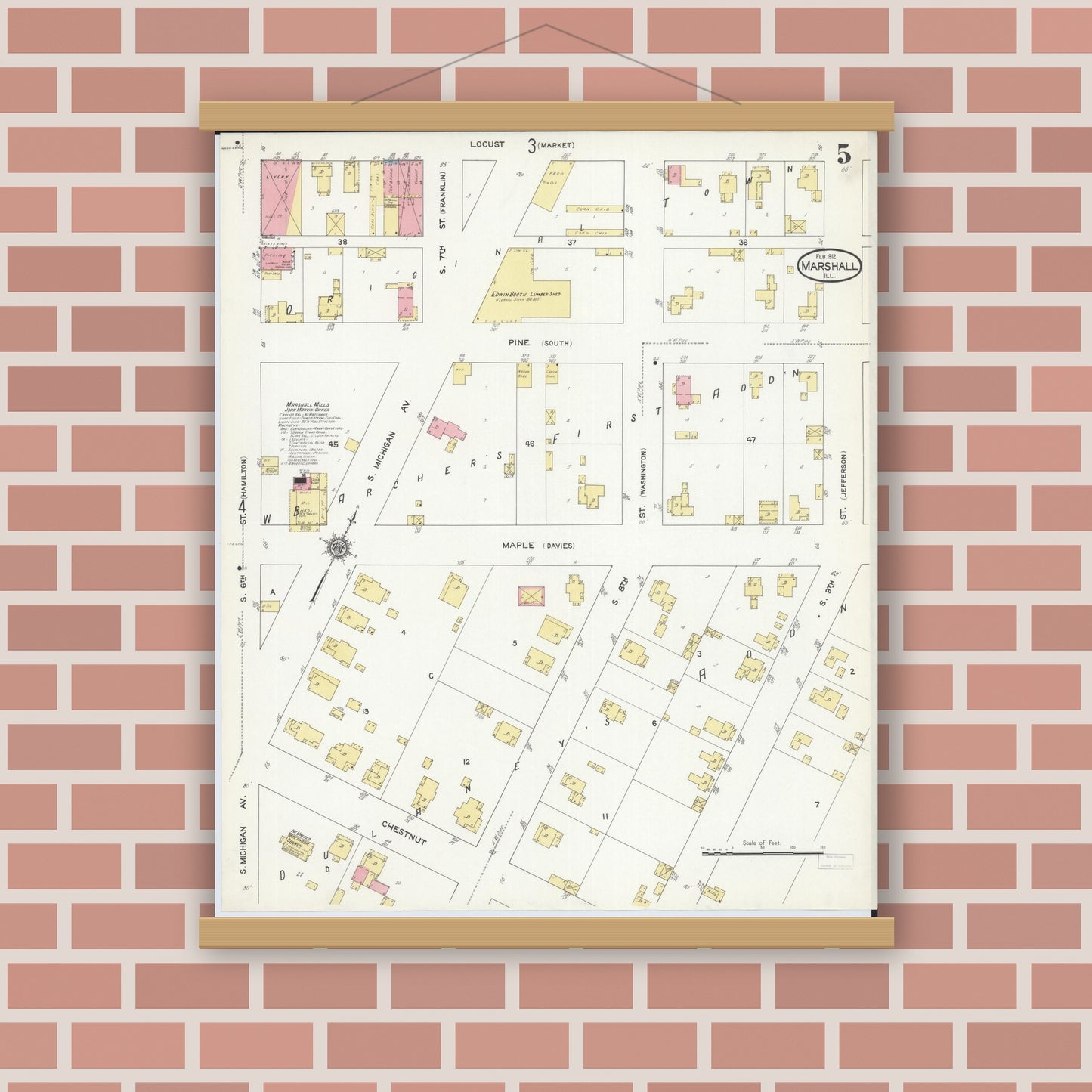 Old map wall art mockup — magnetic wood frame on brick wall — Sanborn Fire Insurance Map from Marshall, Clark County, Illinois (1912), Sheet #0005