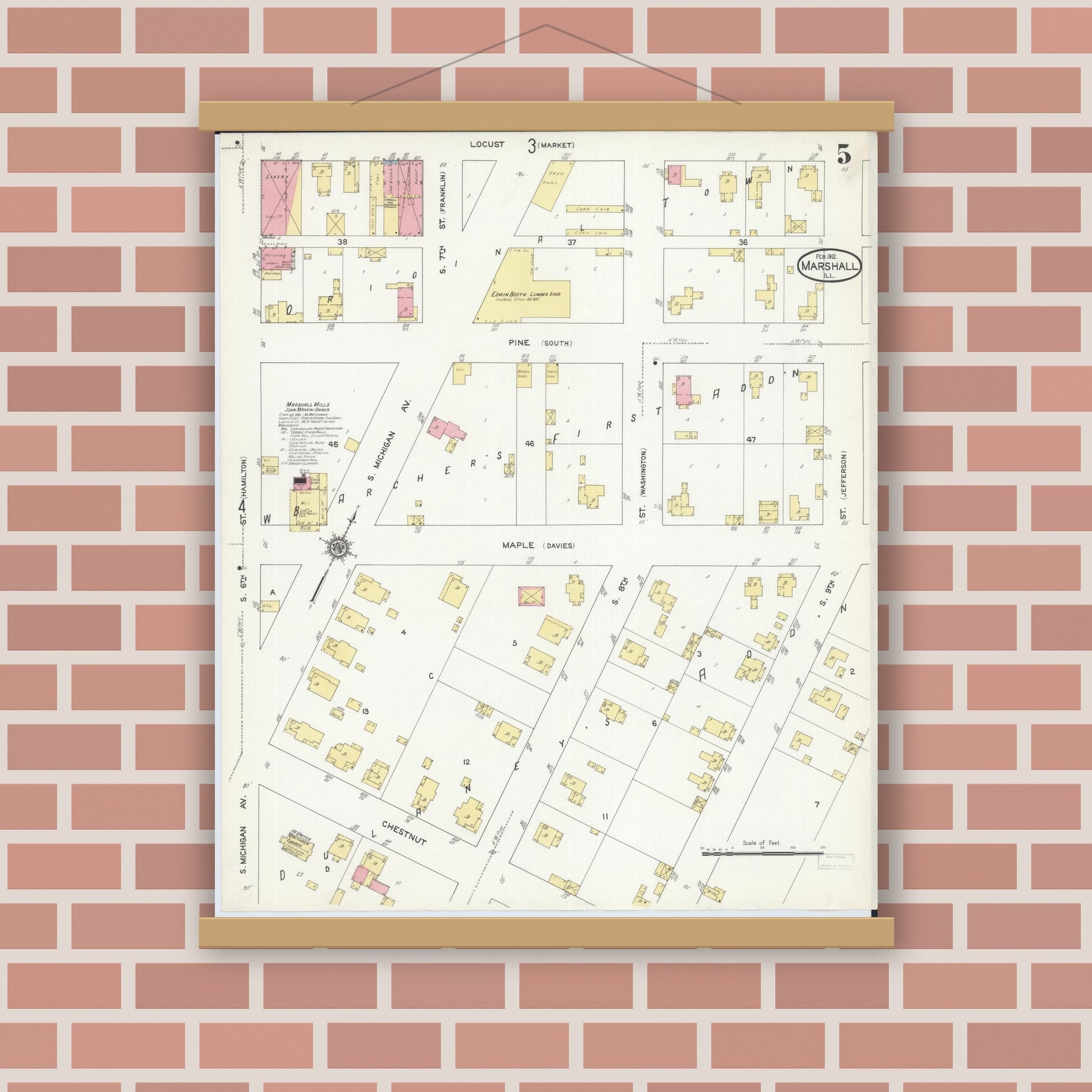 Old map wall art mockup — magnetic wood frame on brick wall — Sanborn Fire Insurance Map from Marshall, Clark County, Illinois (1912), Sheet #0005