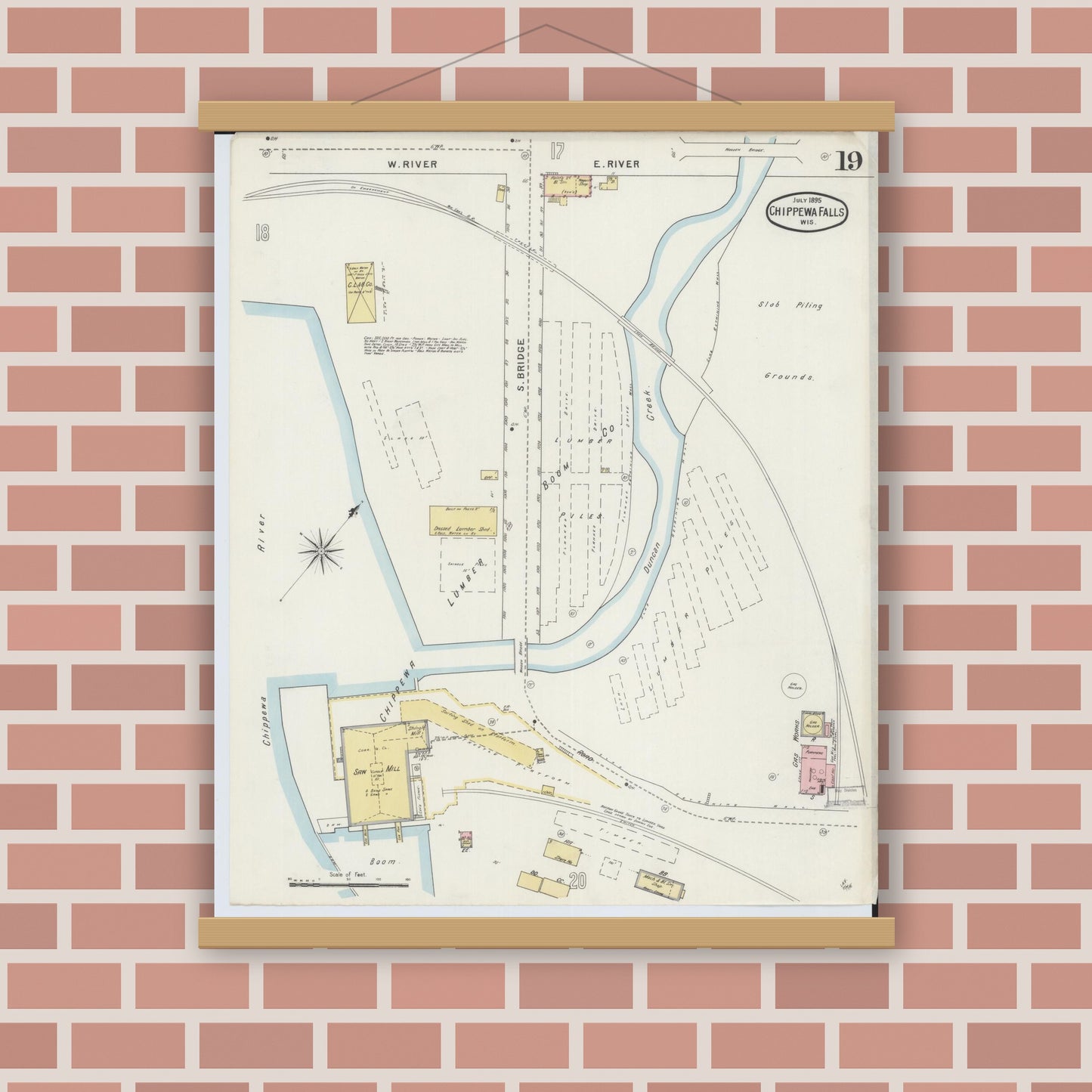 Old map wall art mockup — magnetic wood frame on brick wall — Sanborn Fire Insurance Map from Chippewa Falls, Chippewa County, Wisconsin (1895), Sheet #0019