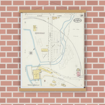 Old map wall art mockup — magnetic wood frame on brick wall — Sanborn Fire Insurance Map from Chippewa Falls, Chippewa County, Wisconsin (1895), Sheet #0019
