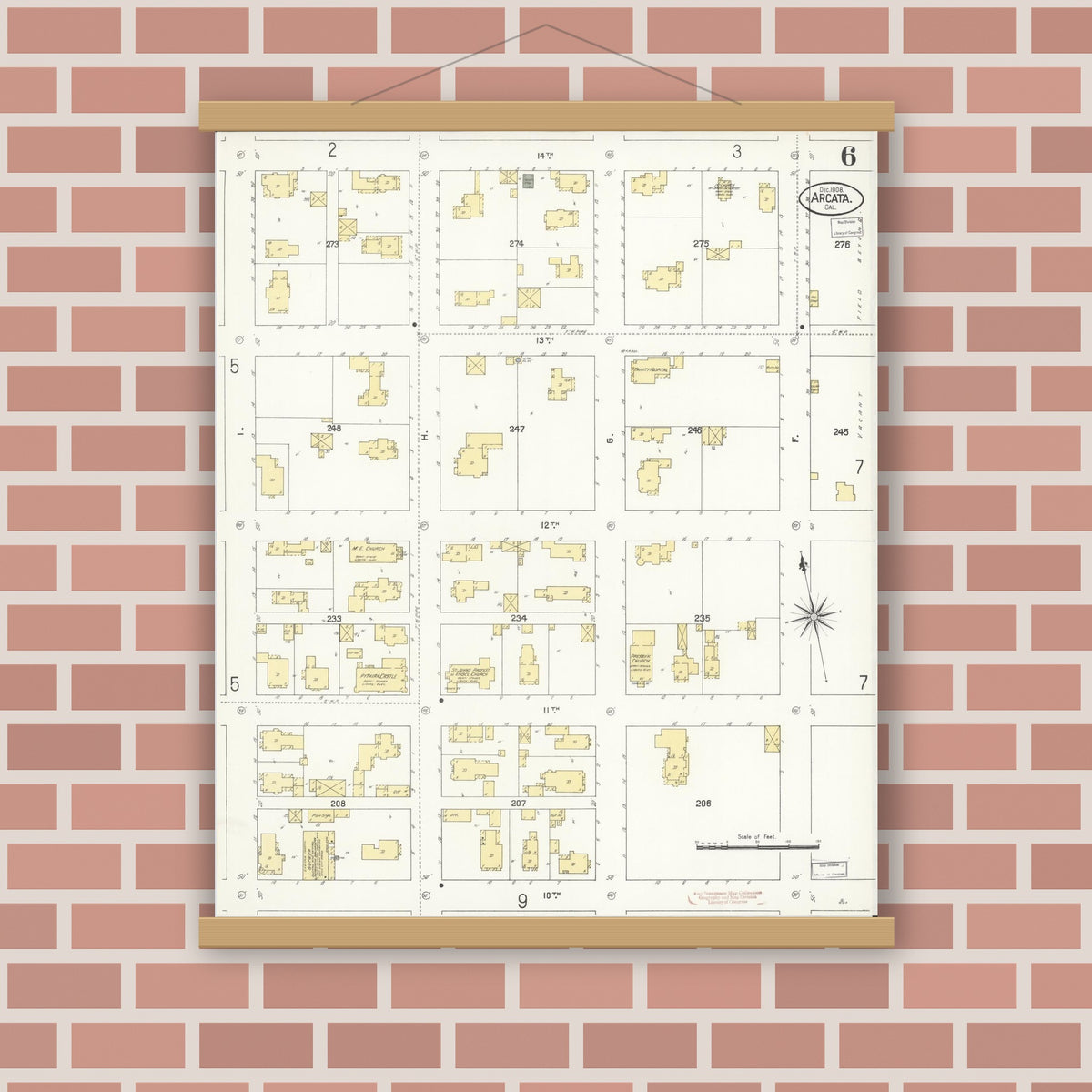 Old map wall art mockup — magnetic wood frame on brick wall — Sanborn Fire Insurance Map from Arcata, Humboldt County, California (1908), Sheet #0006