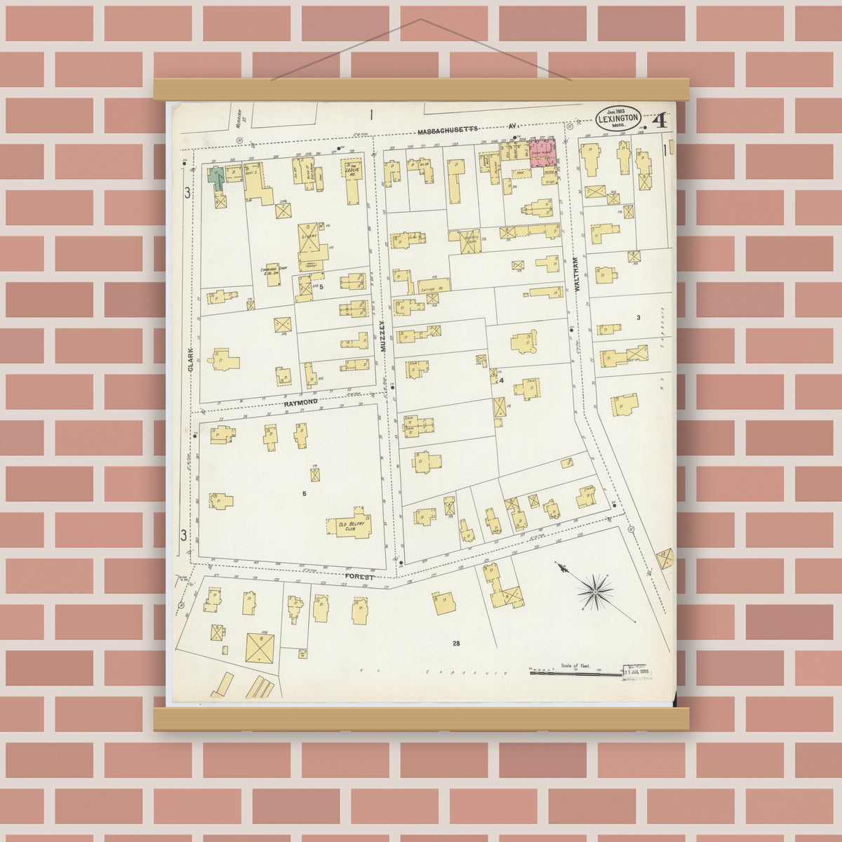Old map wall art mockup — magnetic wood frame on brick wall — Sanborn Fire Insurance Map from Lexington, Middlesex County, Massachusetts (1903), Sheet #0004