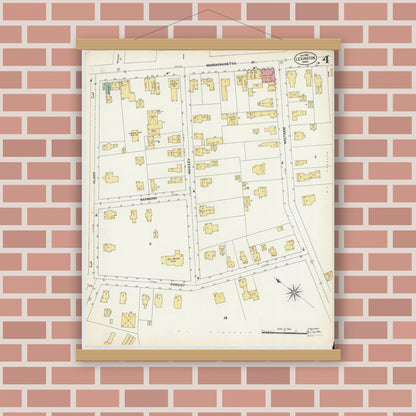 Old map wall art mockup — magnetic wood frame on brick wall — Sanborn Fire Insurance Map from Lexington, Middlesex County, Massachusetts (1903), Sheet #0004
