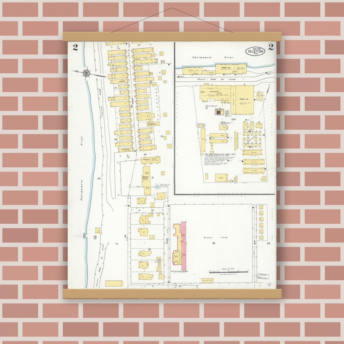 Old map wall art mockup — magnetic wood frame on brick wall — Sanborn Fire Insurance Map from Isleton, Sacramento County, California (1925), Sheet #0002