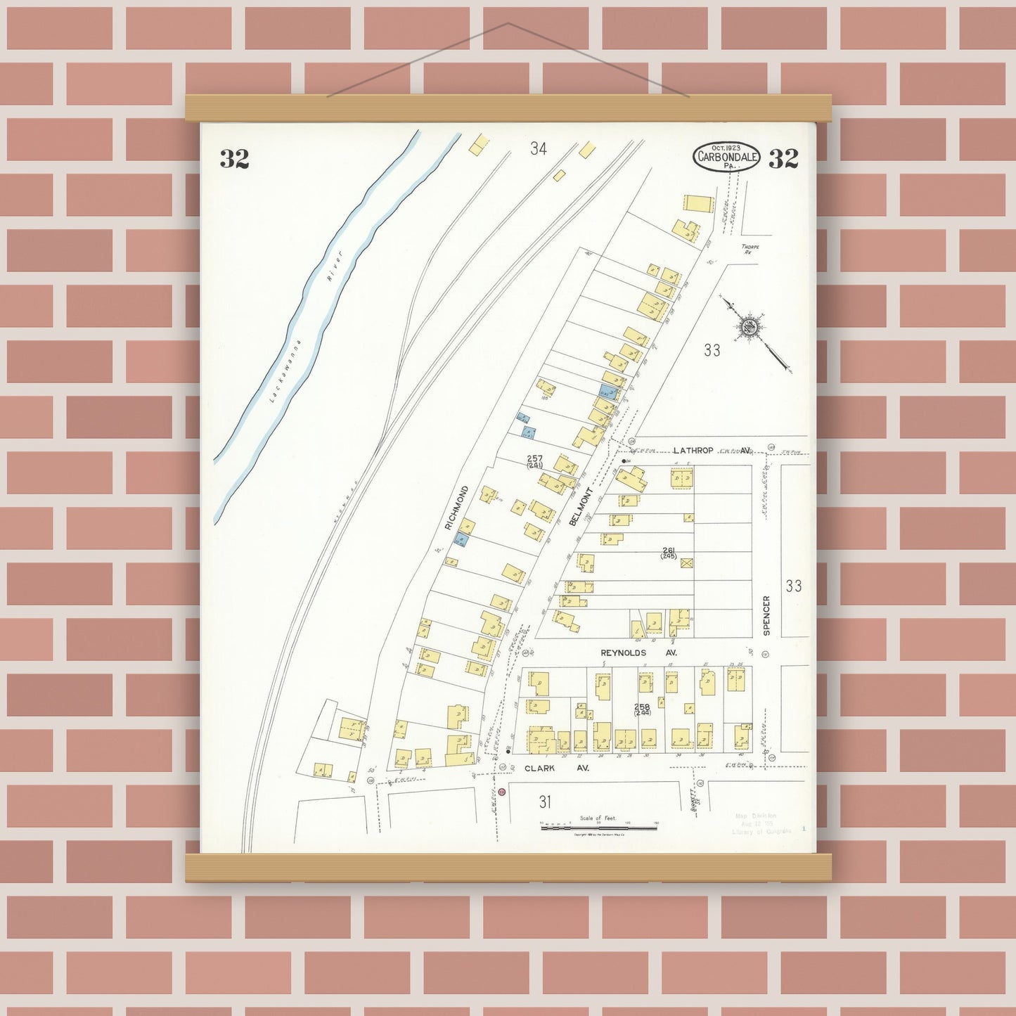 Old map wall art mockup — magnetic wood frame on brick wall — Sanborn Fire Insurance Map from Carbondale, Lackawanna County, Pennsylvania (1923), Sheet #0032