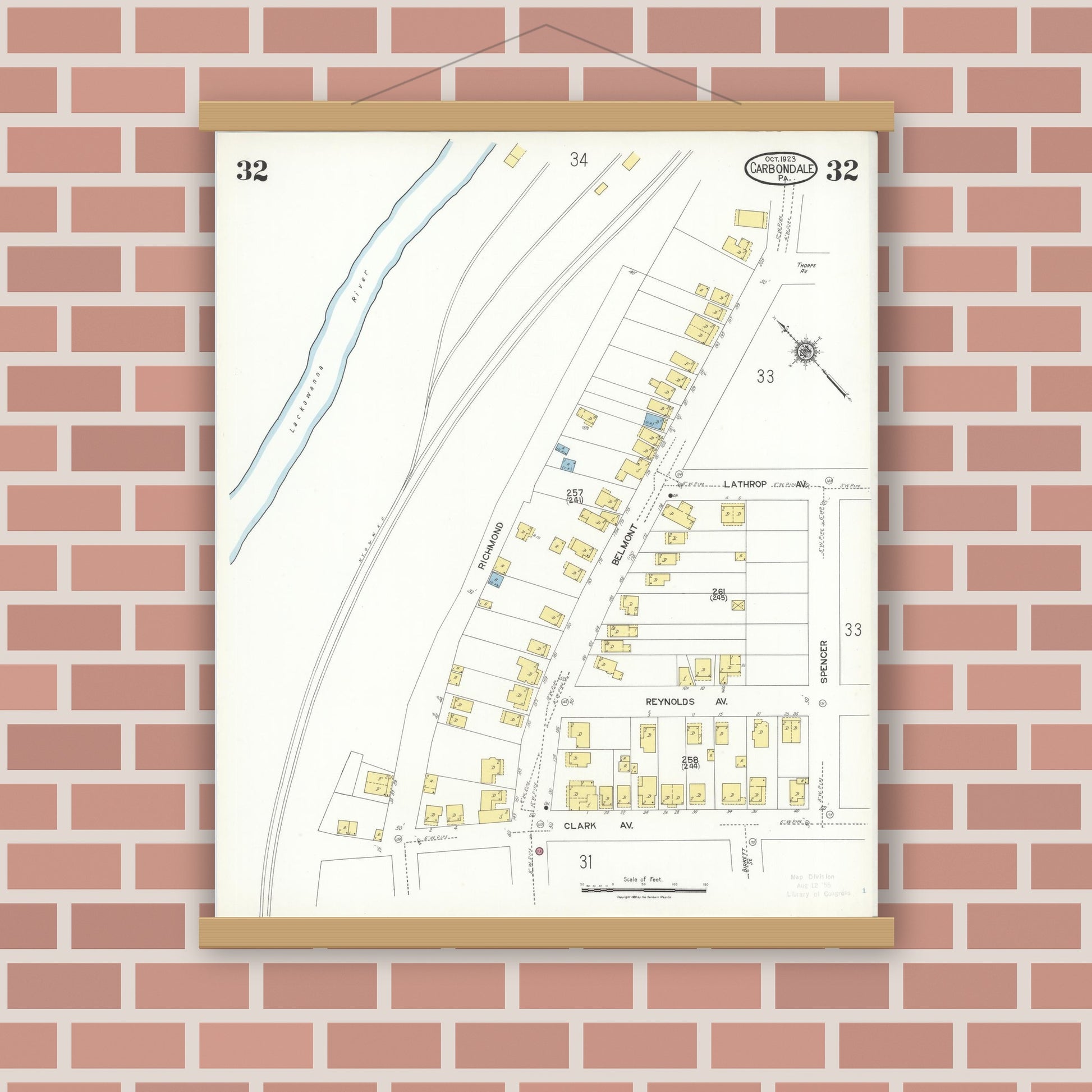 Old map wall art mockup — magnetic wood frame on brick wall — Sanborn Fire Insurance Map from Carbondale, Lackawanna County, Pennsylvania (1923), Sheet #0032
