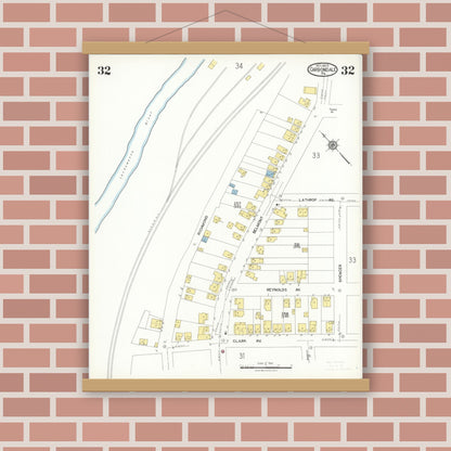 Old map wall art mockup — magnetic wood frame on brick wall — Sanborn Fire Insurance Map from Carbondale, Lackawanna County, Pennsylvania (1923), Sheet #0032