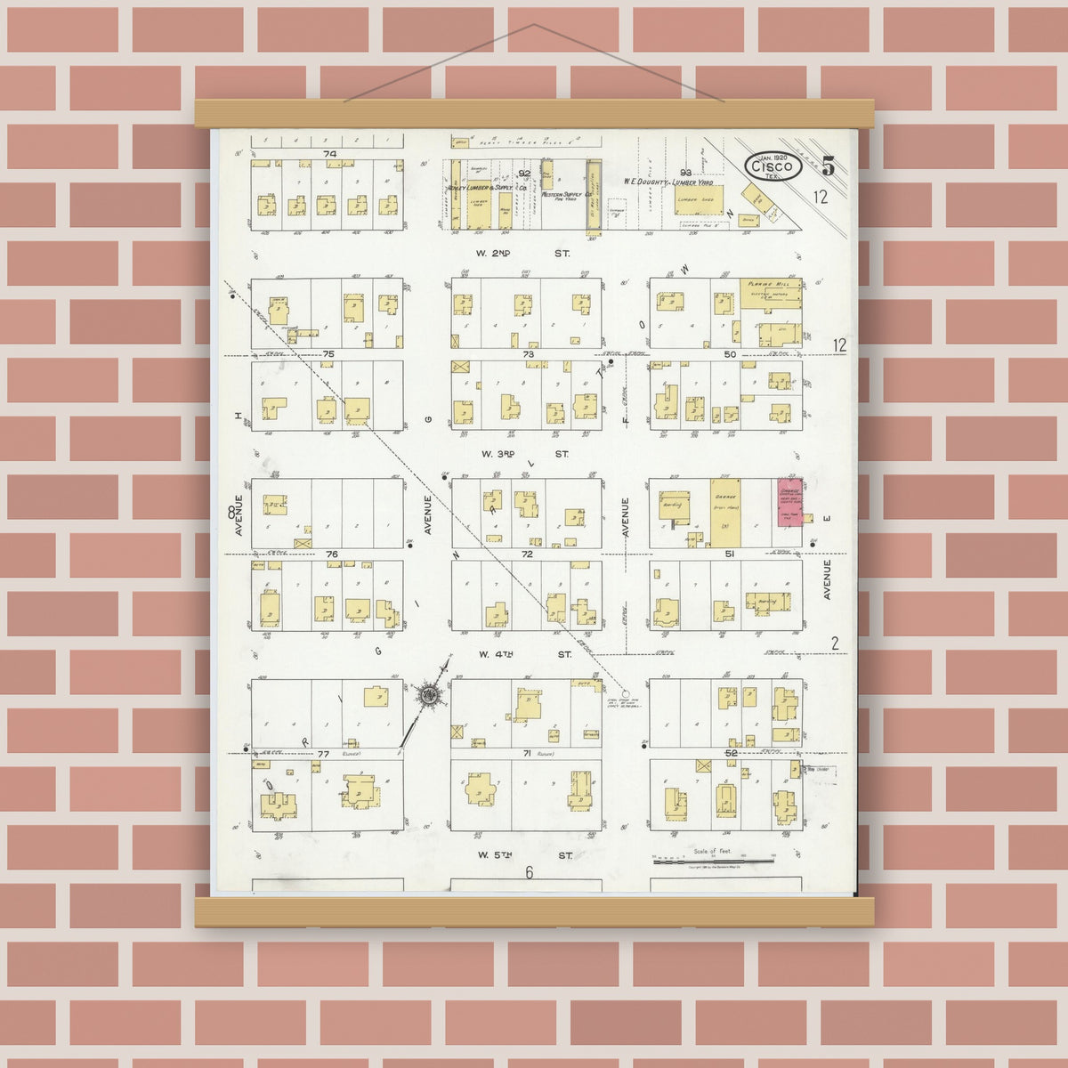 Old map wall art mockup — magnetic wood frame on brick wall — Sanborn Fire Insurance Map from Cisco, Eastland County, Texas (1920), Sheet #0005