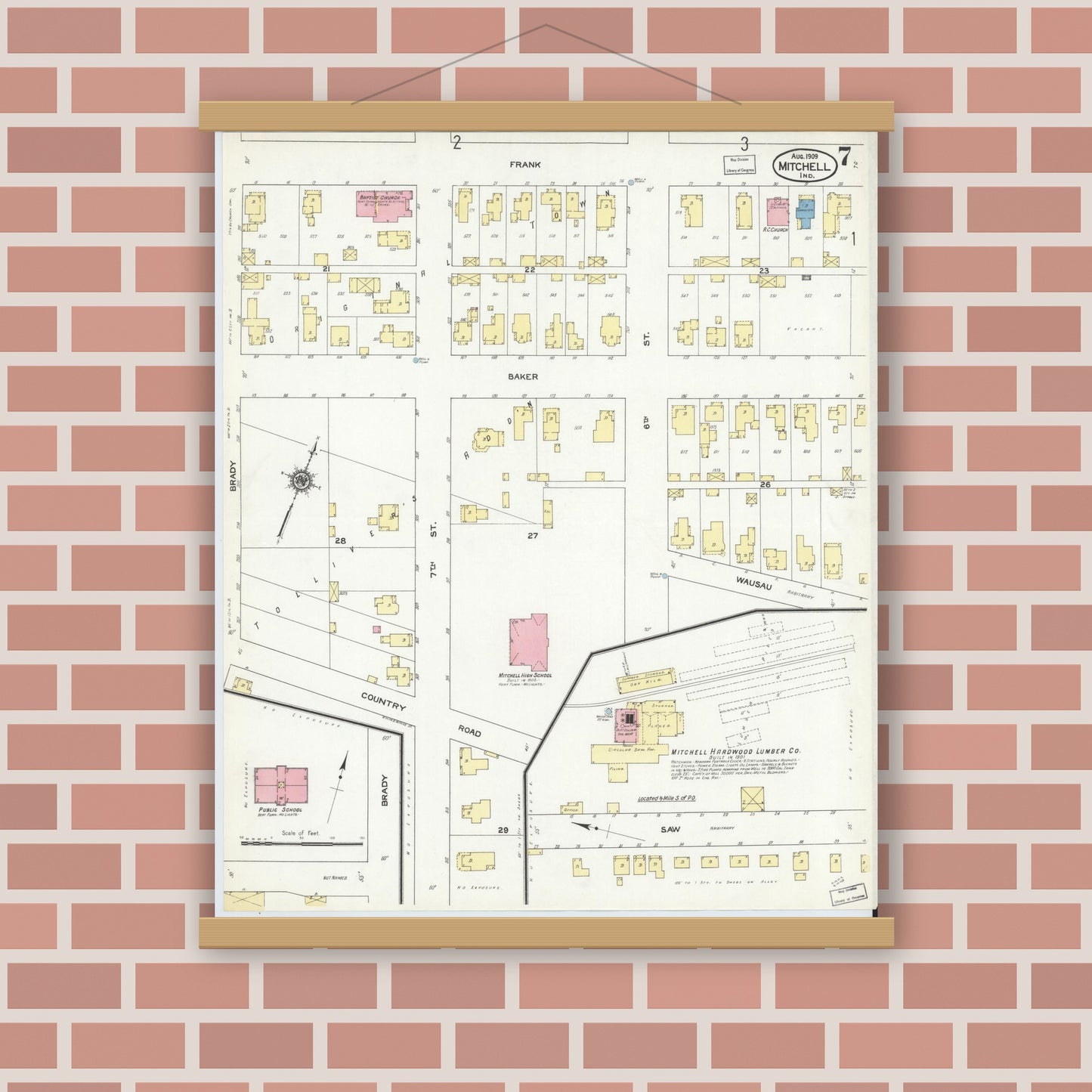Old map wall art mockup — magnetic wood frame on brick wall — Sanborn Fire Insurance Map from Mitchell, Lawrence County, Indiana (1909), Sheet #0007