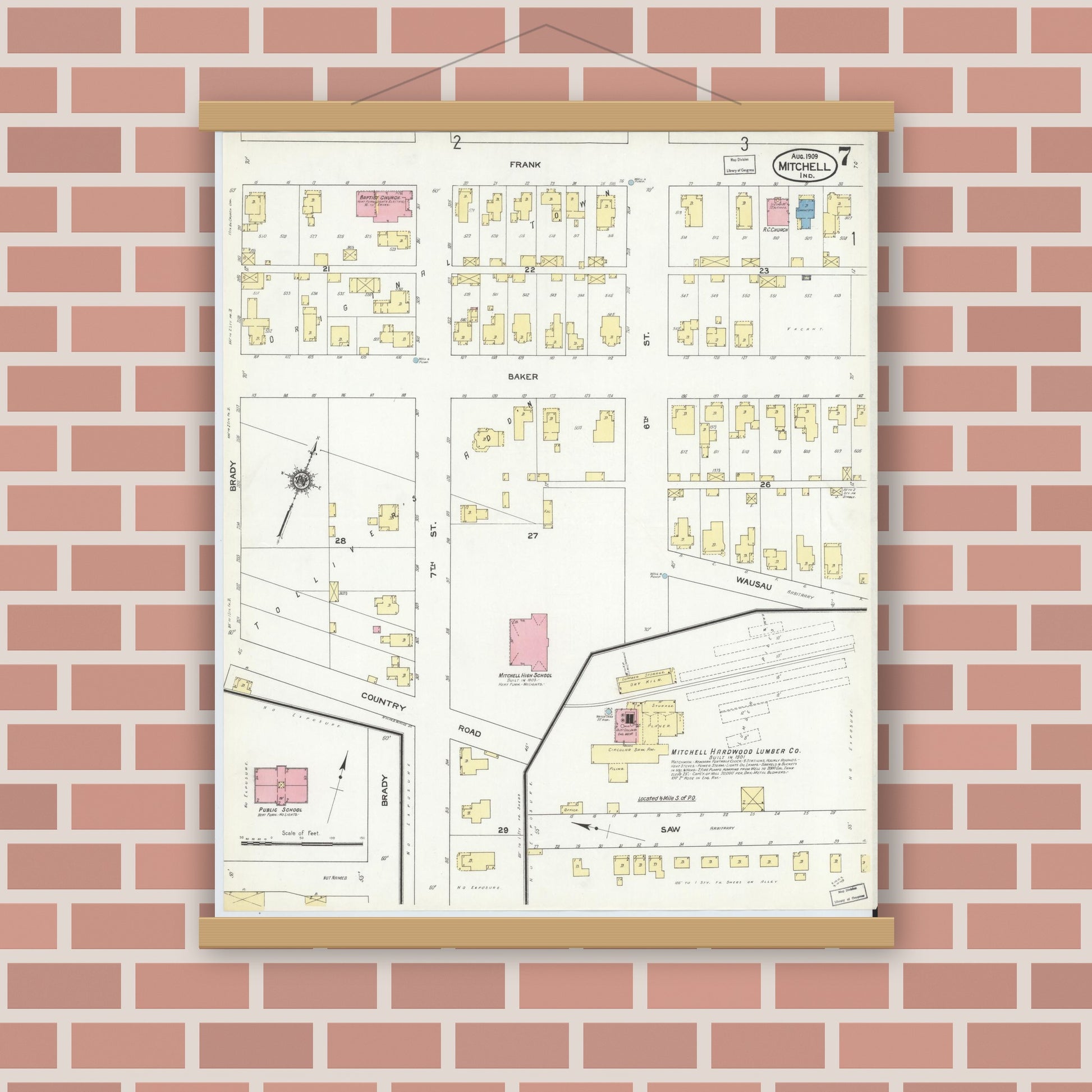 Old map wall art mockup — magnetic wood frame on brick wall — Sanborn Fire Insurance Map from Mitchell, Lawrence County, Indiana (1909), Sheet #0007