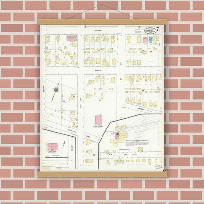 Old map wall art mockup — magnetic wood frame on brick wall — Sanborn Fire Insurance Map from Mitchell, Lawrence County, Indiana (1909), Sheet #0007