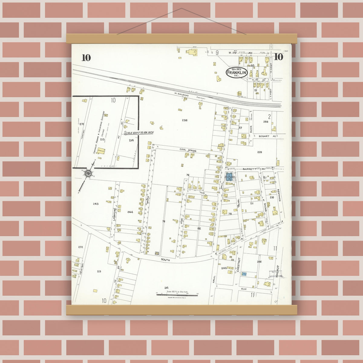 Old map wall art mockup — magnetic wood frame on brick wall — Sanborn Fire Insurance Map from Franklin, Independent Cities, Virginia (1923), Sheet #0010