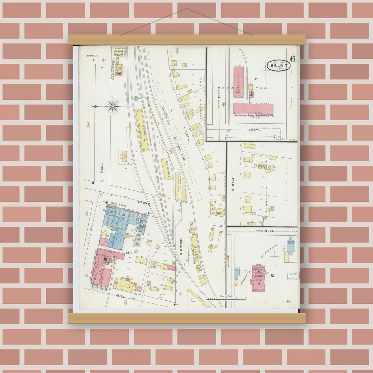 Old map wall art mockup — magnetic wood frame on brick wall — Sanborn Fire Insurance Map from Beloit, Rock County, Wisconsin (1895), Sheet #0006