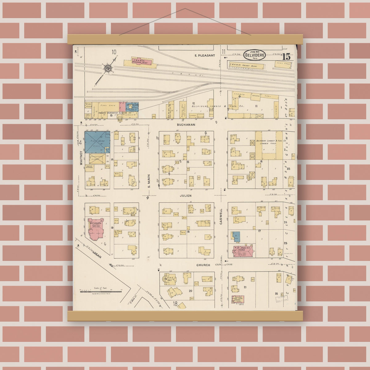 Old map wall art mockup — magnetic wood frame on brick wall — Sanborn Fire Insurance Map from Belvidere, Boone County, Illinois (1922), Sheet #0015
