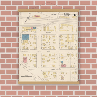 Old map wall art mockup — magnetic wood frame on brick wall — Sanborn Fire Insurance Map from Belvidere, Boone County, Illinois (1922), Sheet #0015