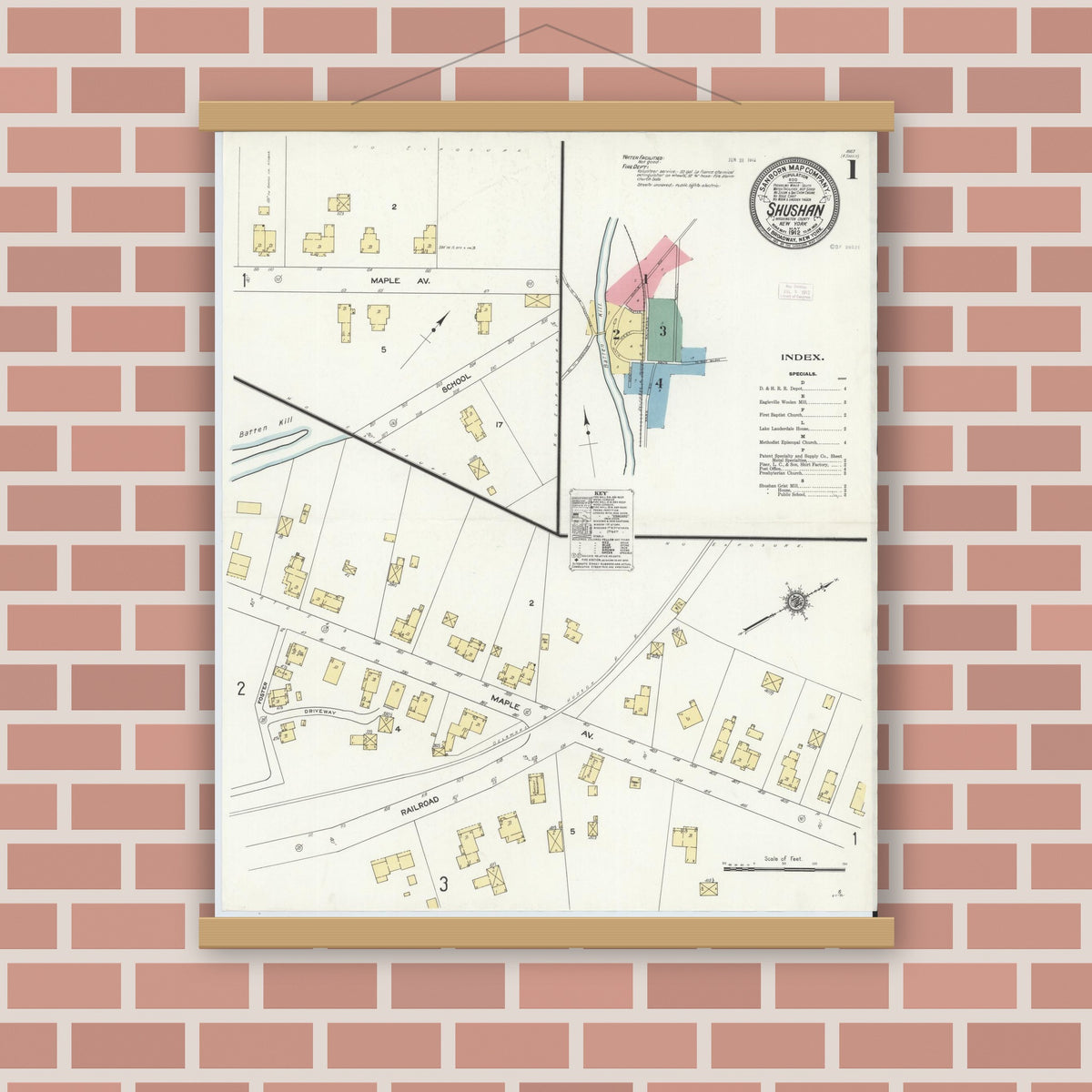 Old map wall art mockup — magnetic wood frame on brick wall — Sanborn Fire Insurance Map from Shushan, Washington County, New York (1912) - Complete Map Set