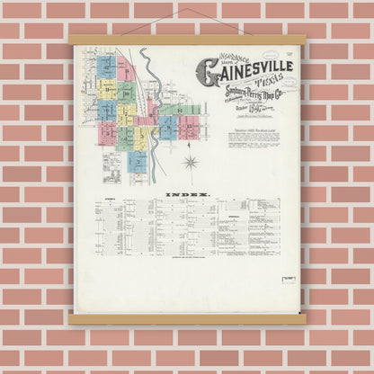 Old map wall art mockup — magnetic wood frame on brick wall — Sanborn Fire Insurance Map from Gainesville, Cooke County, Texas (1897), Sheet #0001