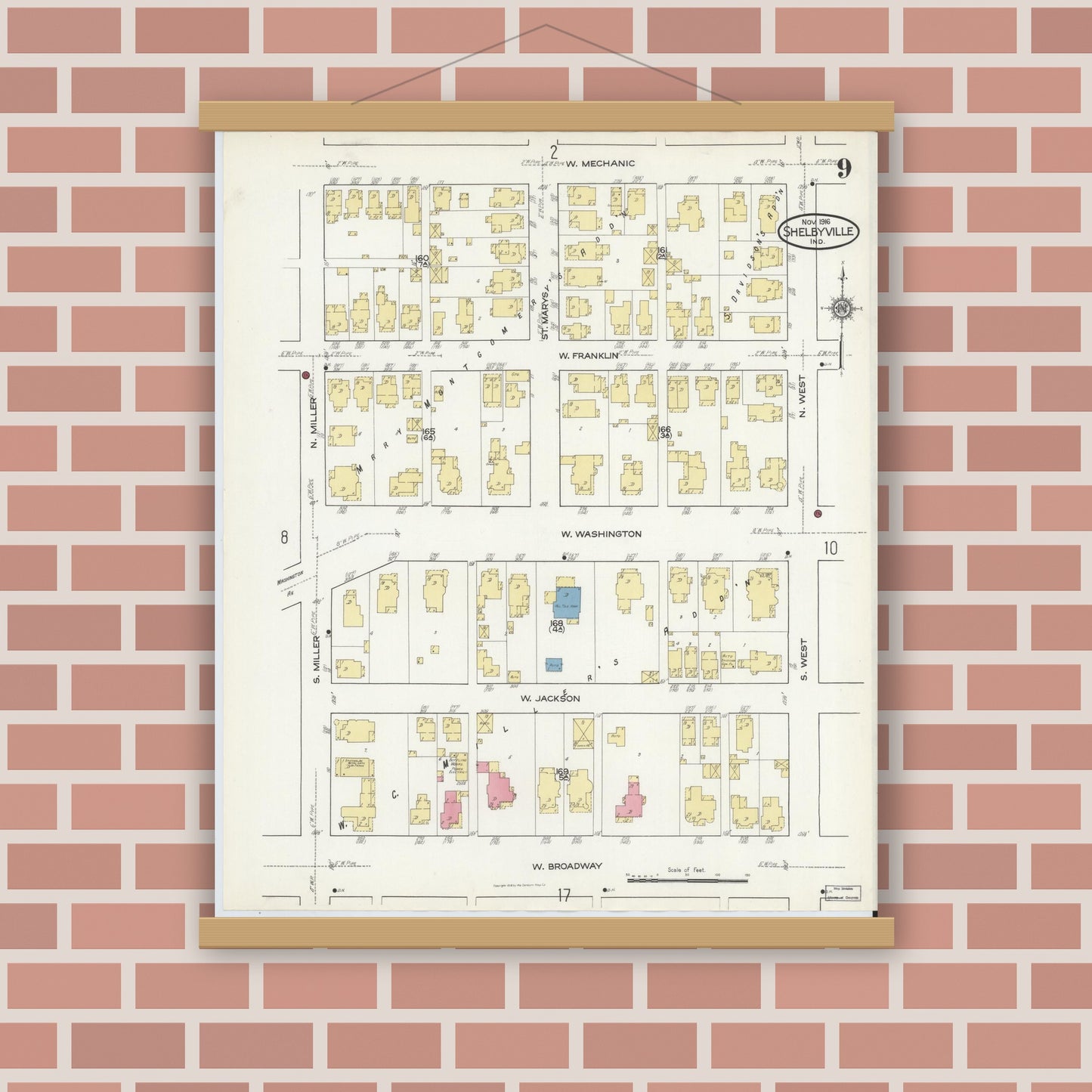 Old map wall art mockup — magnetic wood frame on brick wall — Sanborn Fire Insurance Map from Shelbyville, Shelby County, Indiana (1916), Sheet #0009