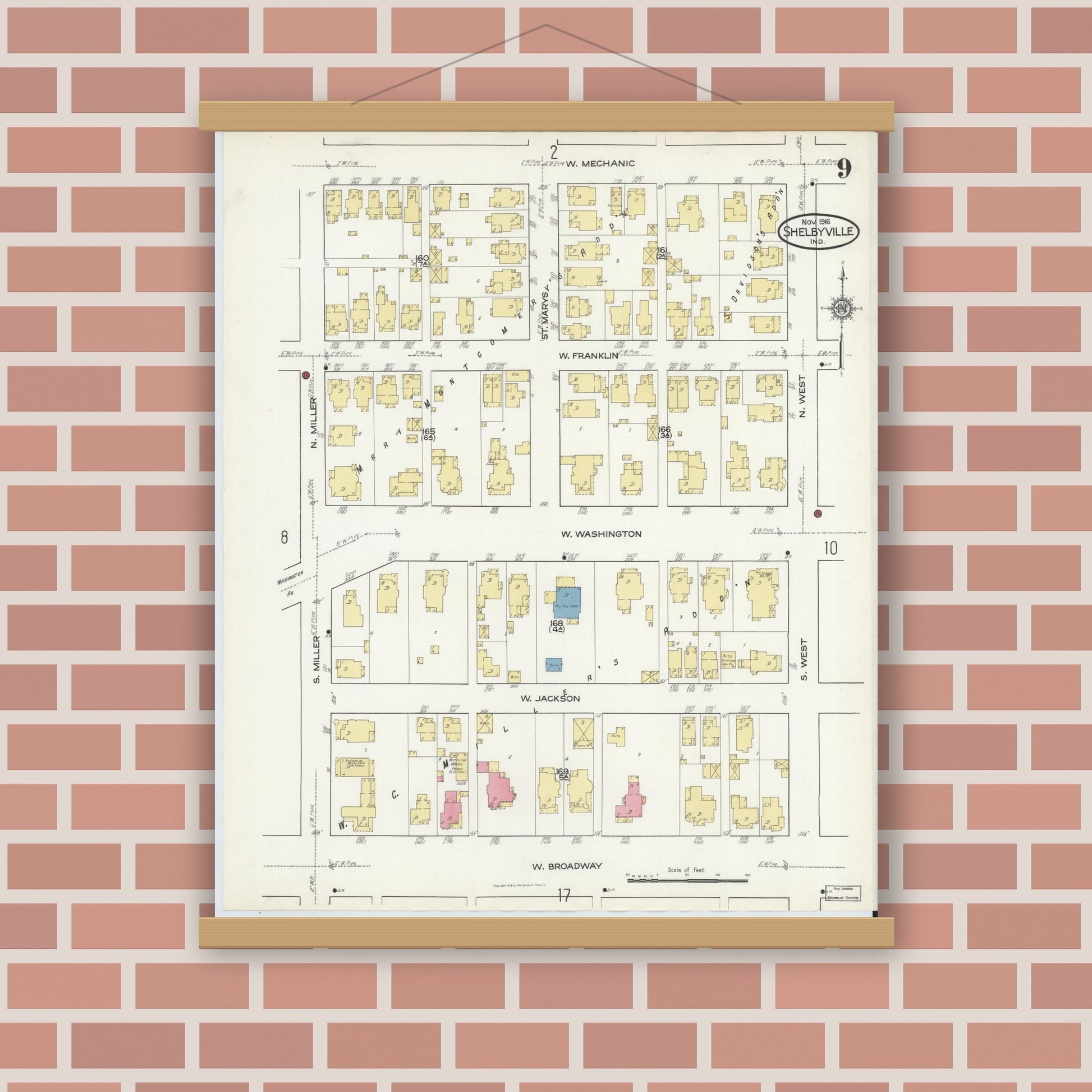 Old map wall art mockup — magnetic wood frame on brick wall — Sanborn Fire Insurance Map from Shelbyville, Shelby County, Indiana (1916), Sheet #0009