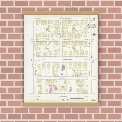 Old map wall art mockup — magnetic wood frame on brick wall — Sanborn Fire Insurance Map from Shelbyville, Shelby County, Indiana (1916), Sheet #0009