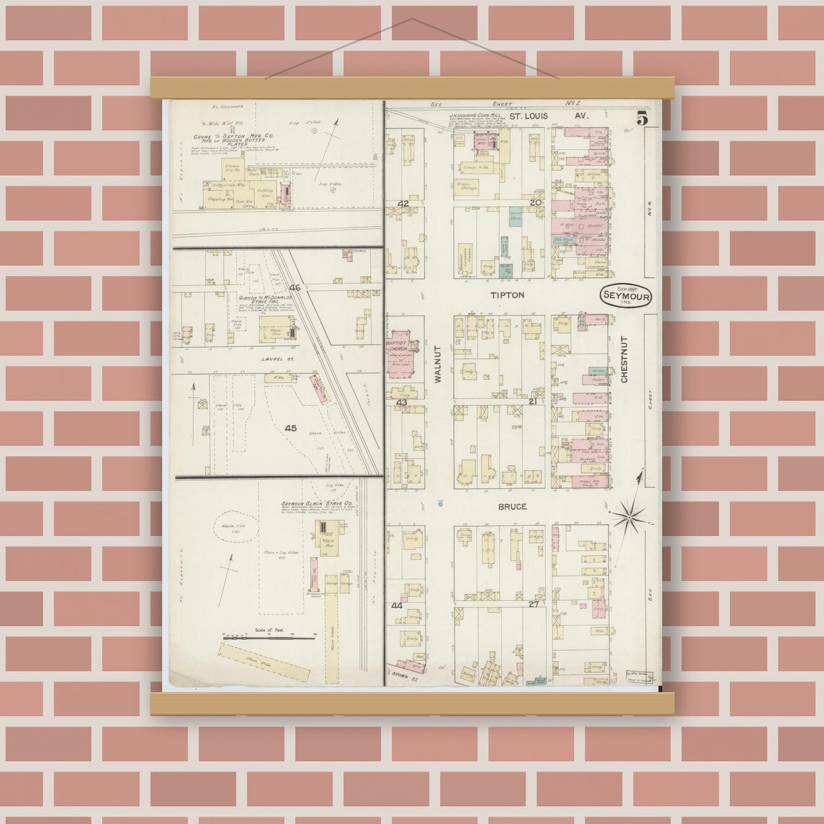 Old map wall art mockup — magnetic wood frame on brick wall — Sanborn Fire Insurance Map from Seymour, Jackson County, Indiana (1887), Sheet #0005